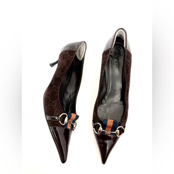 Gucci Horsebit Web Stripe GG Pump Size 8.5 Brown Suede Pointed Toe Kitten Heel - Picture 1 of 10